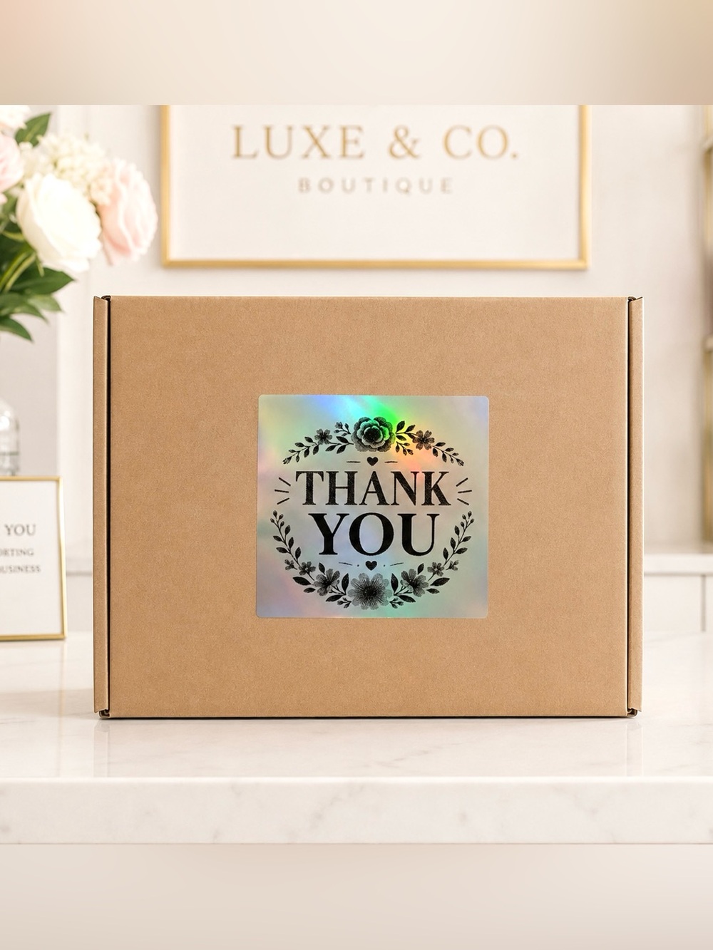 Holographic Floral Thank You Stickers 
3”x3”-100ct. New